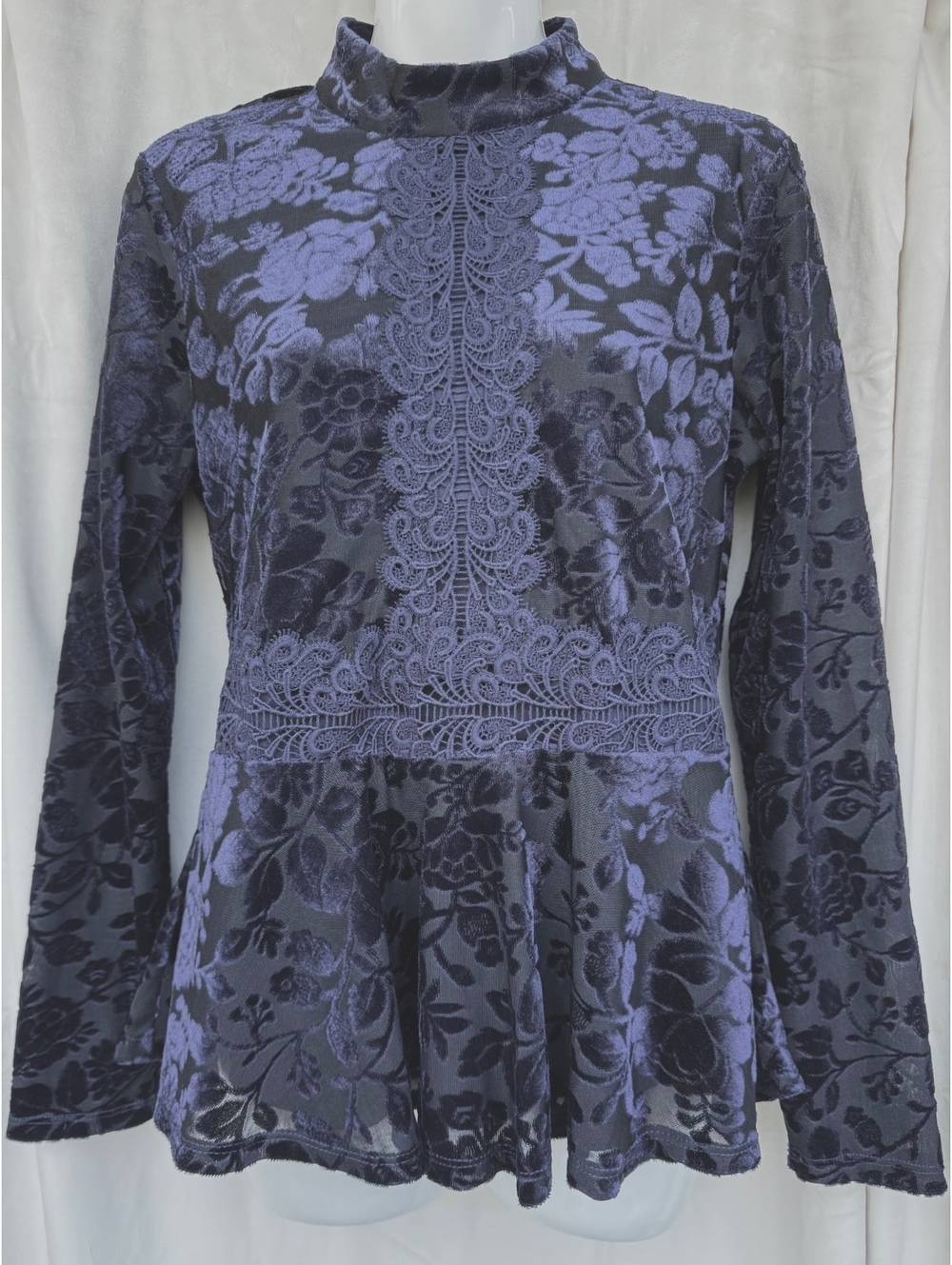 Spense Whimsigoth Velvet Roses Burnout Mock Neck Lace Blouse Navy Peplum